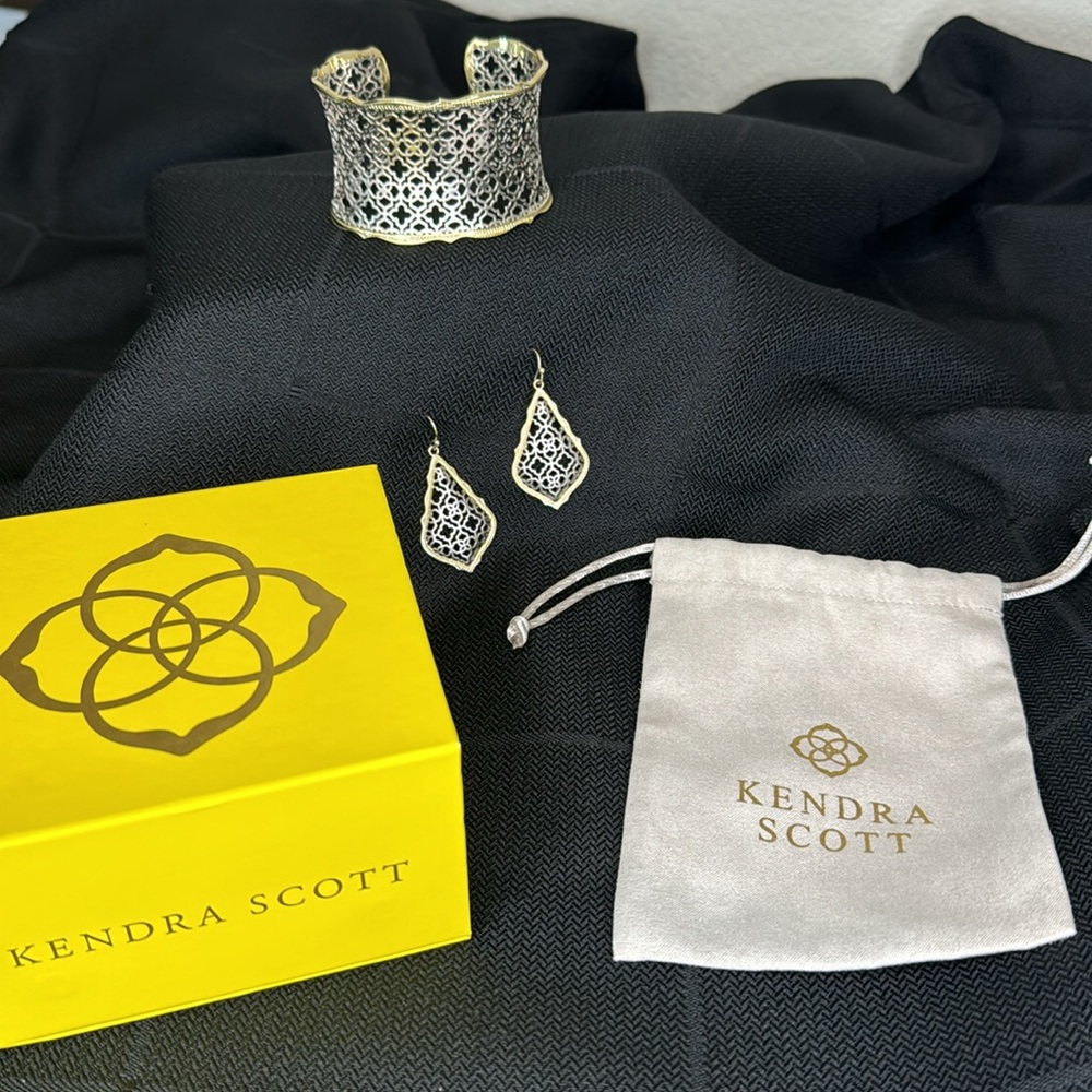 Kendra Scott Candice Gold Cuff Bracelet & Addie Gold Drop earrings.